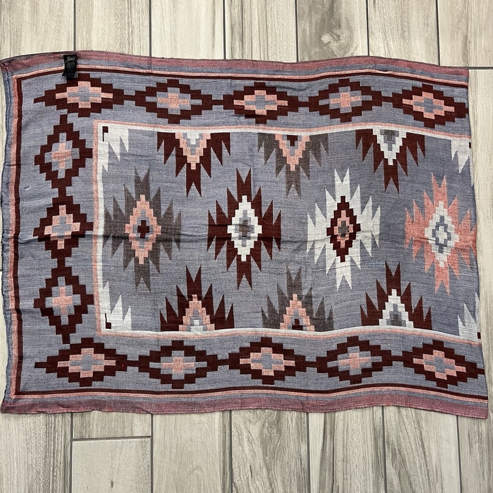 Raj Scarf Wrap Womens OS Blue Burgundy Southwestern Geometric Rayon Fair Hole